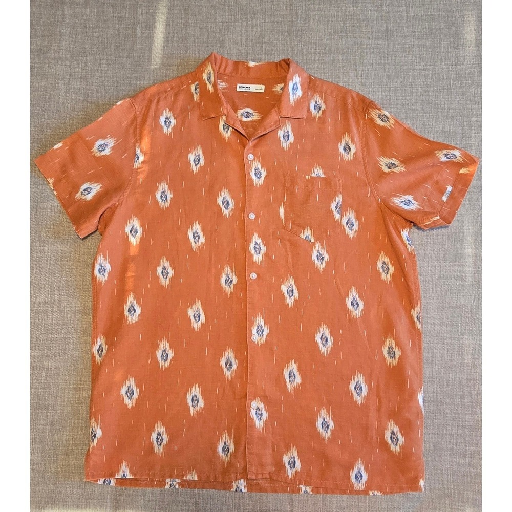 Sonoma Goods For Life Mens‎ Large Orange Ikat Diamond Linen Blend Camp Shirt
